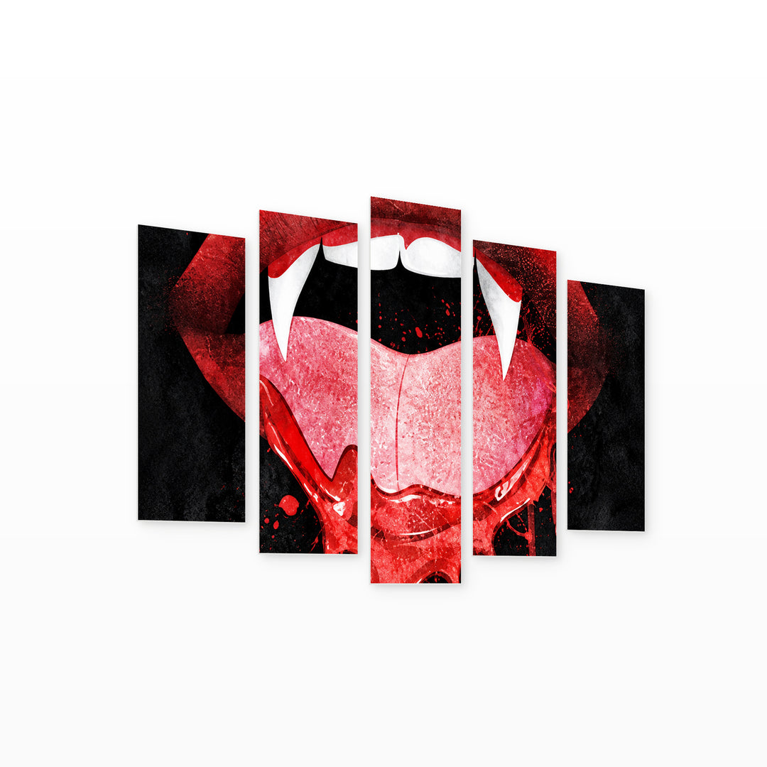 Vampire Lips with Dramatic Contrast — five-panel wall art on white background in perspective | 5wallart 57743 M1