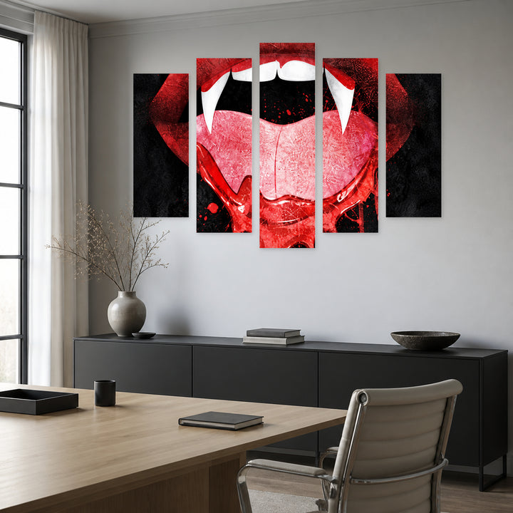 Vampire Lips with Dramatic Contrast — five-panel wall art in alternate frontal interior | 5wallart 57743 M4