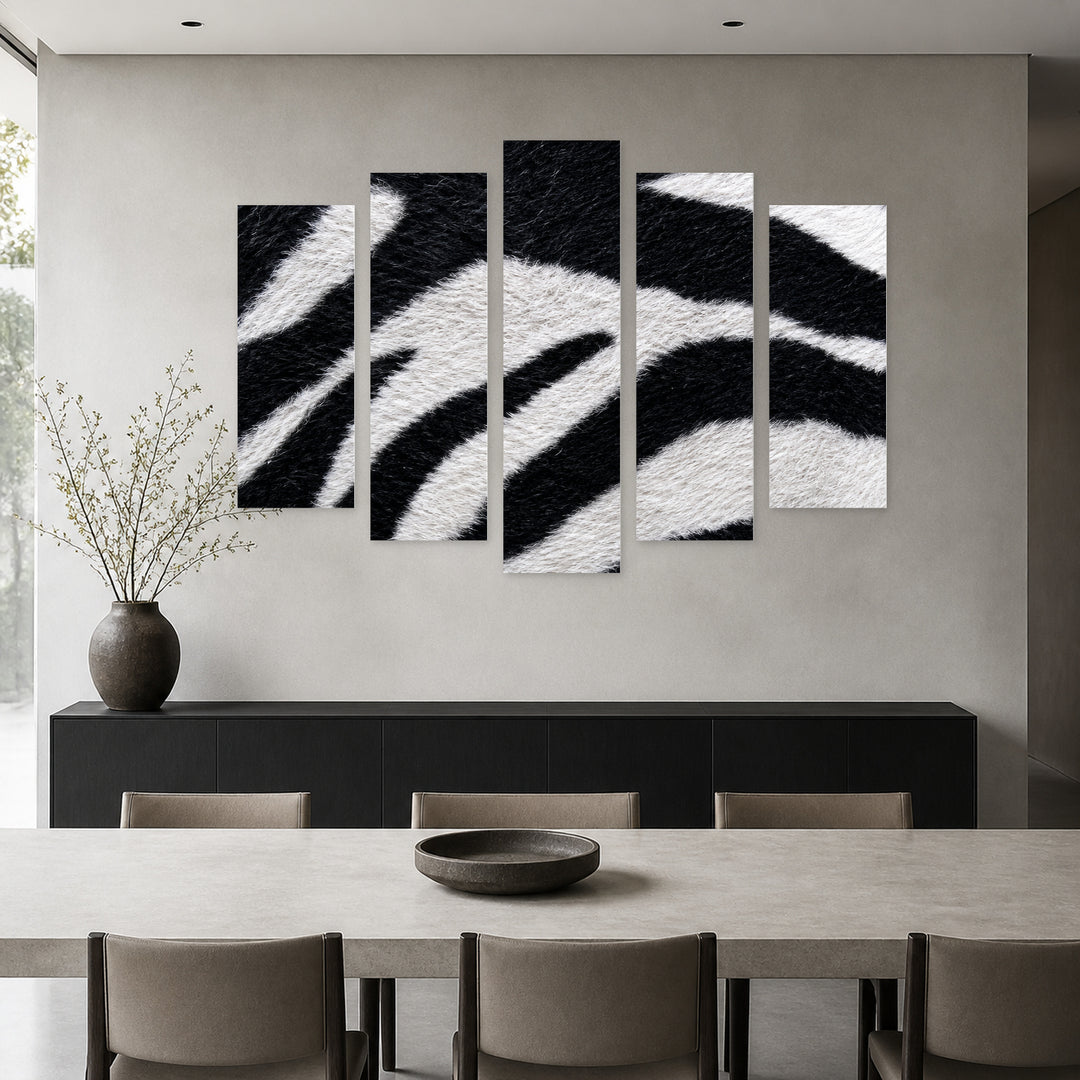 Zebra Print with Dramatic Contrast — five-panel wall art in frontal interior | 5wallart 57744 M3