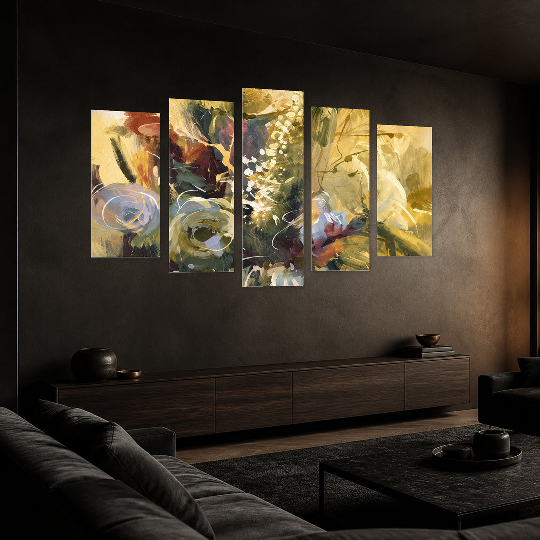 Bouquet of Flowers in Serene Light — five-panel wall art in perspective interior | 5wallart 57745 M2