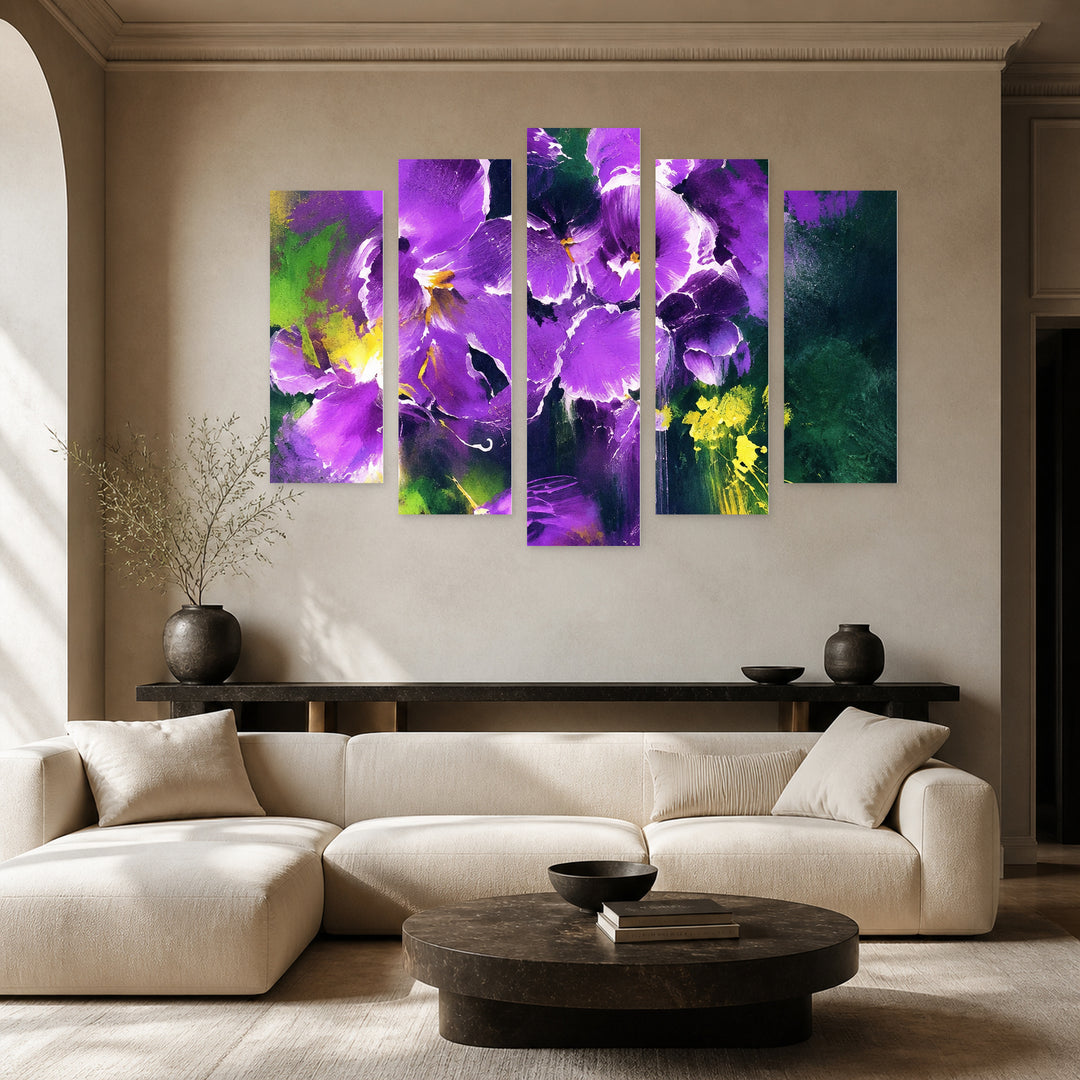 Purple Color with Dreamlike Atmosphere — five-panel wall art in alternate frontal interior | 5wallart 57746 M4