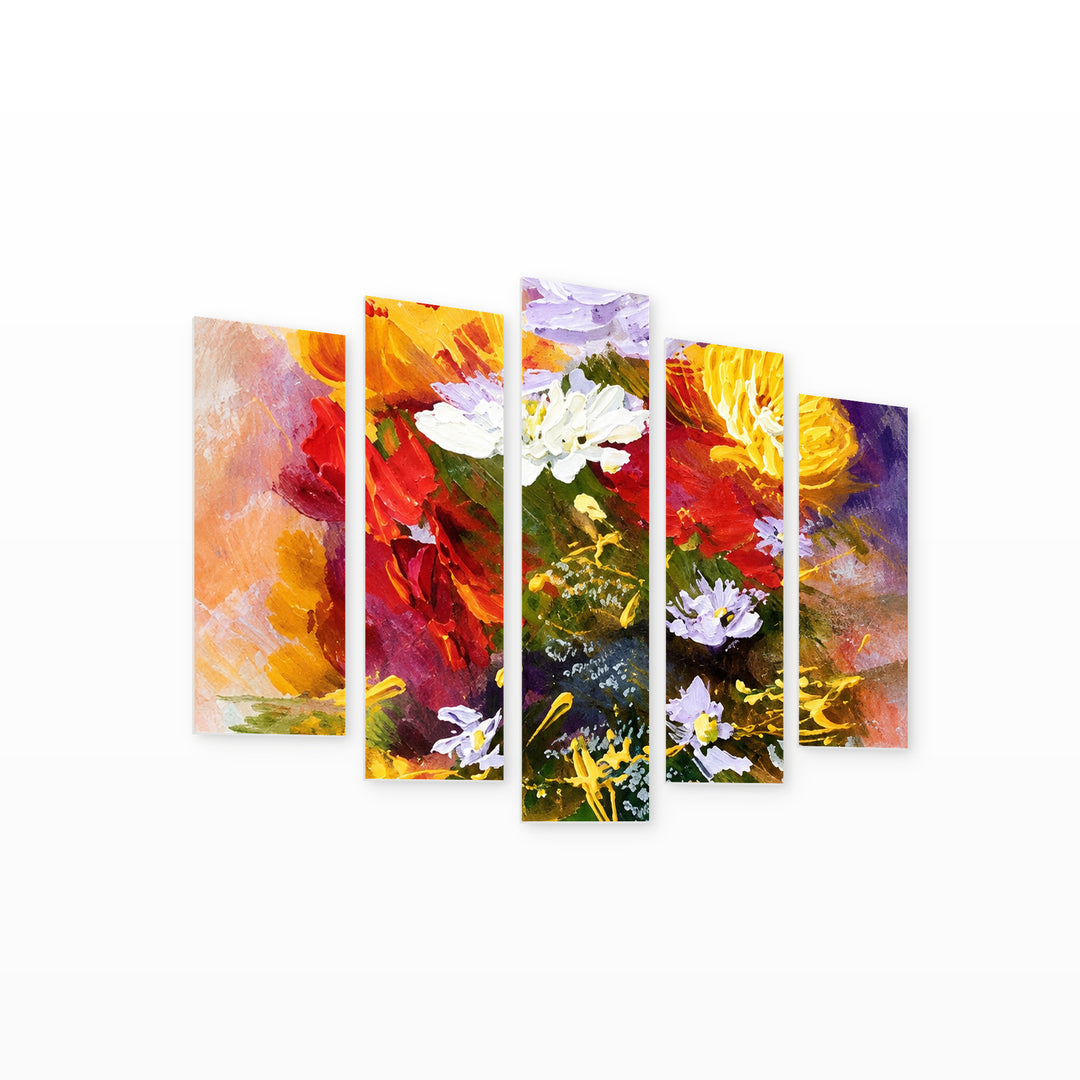 Colorful Bouquet Botanical Study — five-panel wall art on white background in perspective | 5wallart 57747 M1