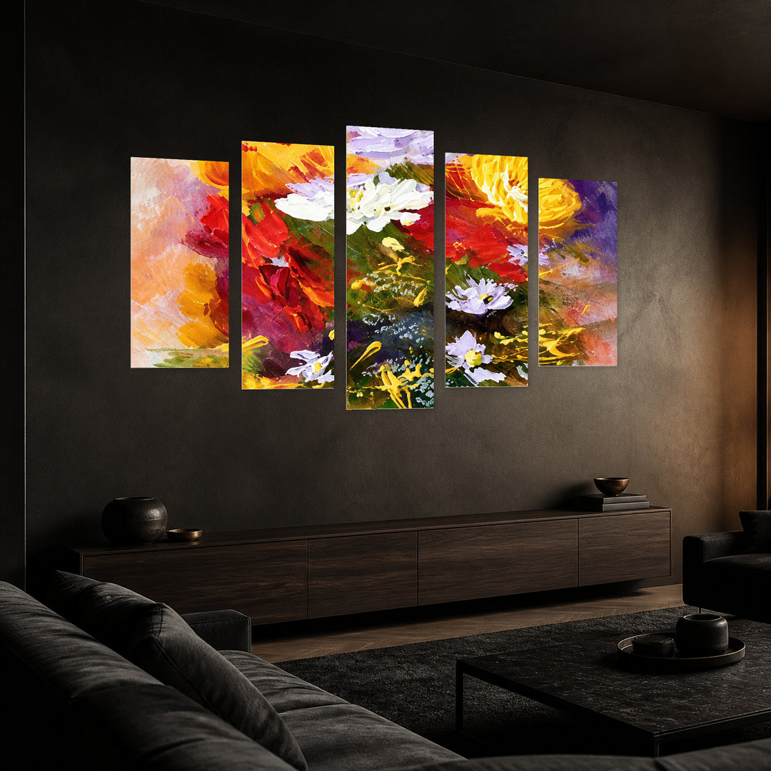 Colorful Bouquet Botanical Study — five-panel wall art in perspective interior | 5wallart 57747 M2
