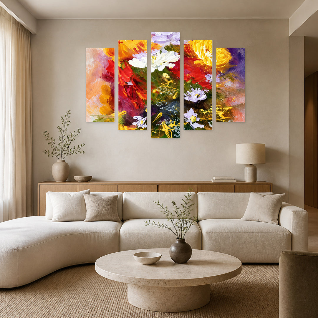 Colorful Bouquet Botanical Study — five-panel wall art in frontal interior | 5wallart 57747 M3