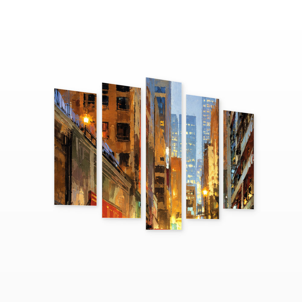 Urban Painting at Night — five-panel wall art on white background in perspective | 5wallart 57748 M1