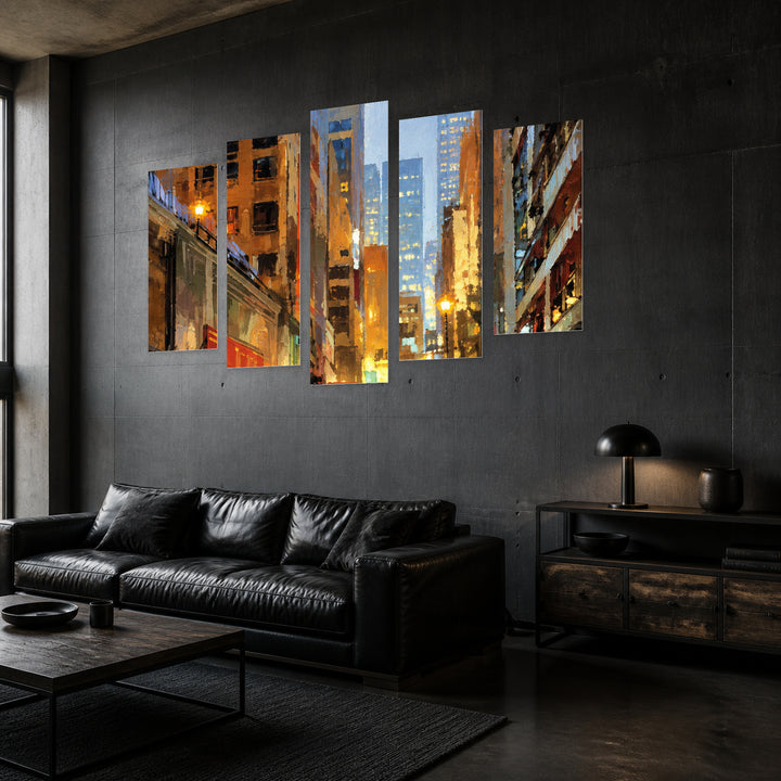 Urban Painting at Night — five-panel wall art in perspective interior | 5wallart 57748 M2