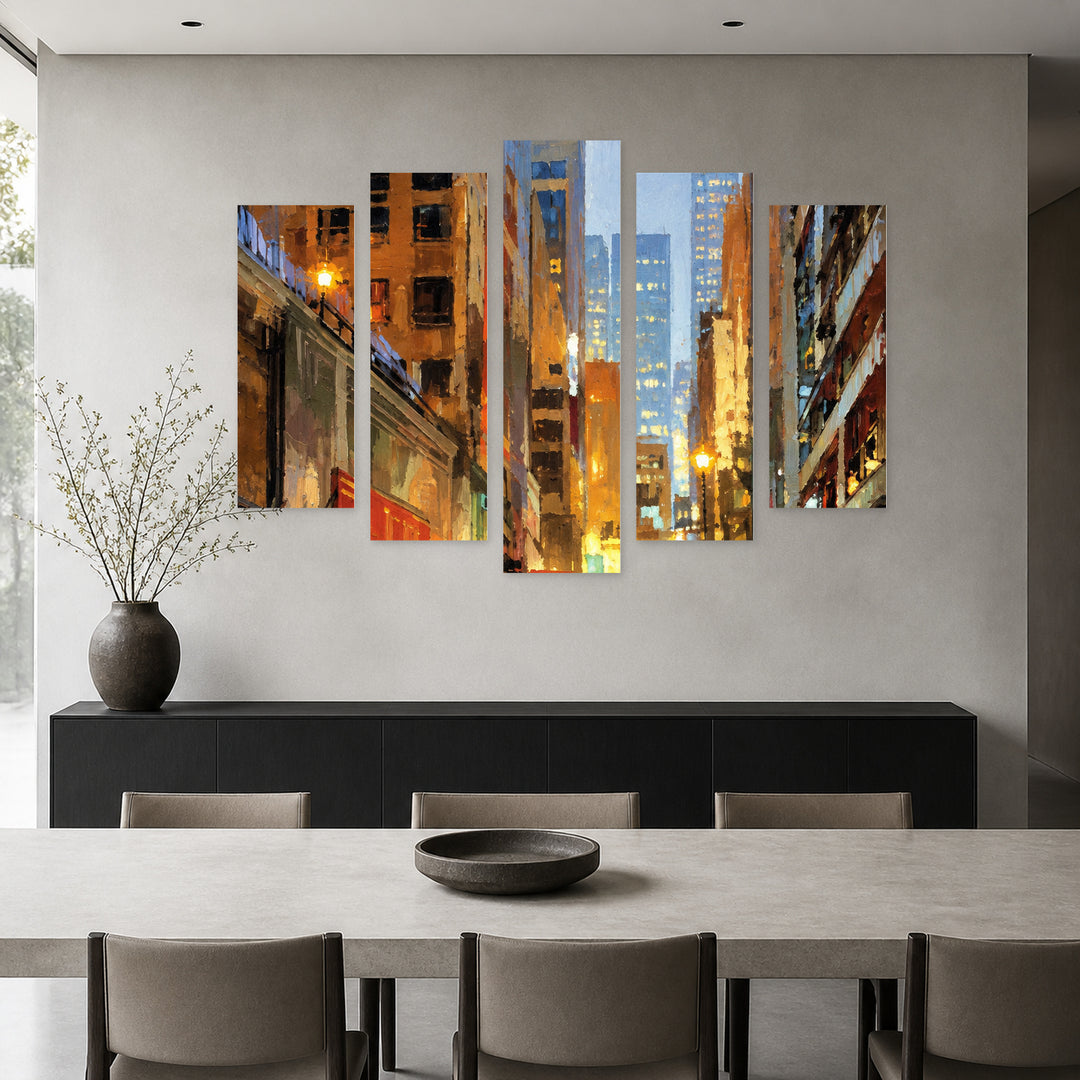 Urban Painting at Night — five-panel wall art in frontal interior | 5wallart 57748 M3