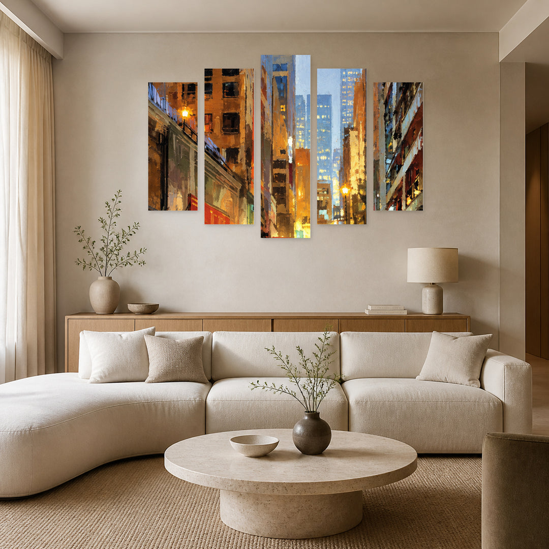 Urban Painting at Night — five-panel wall art in alternate frontal interior | 5wallart 57748 M4