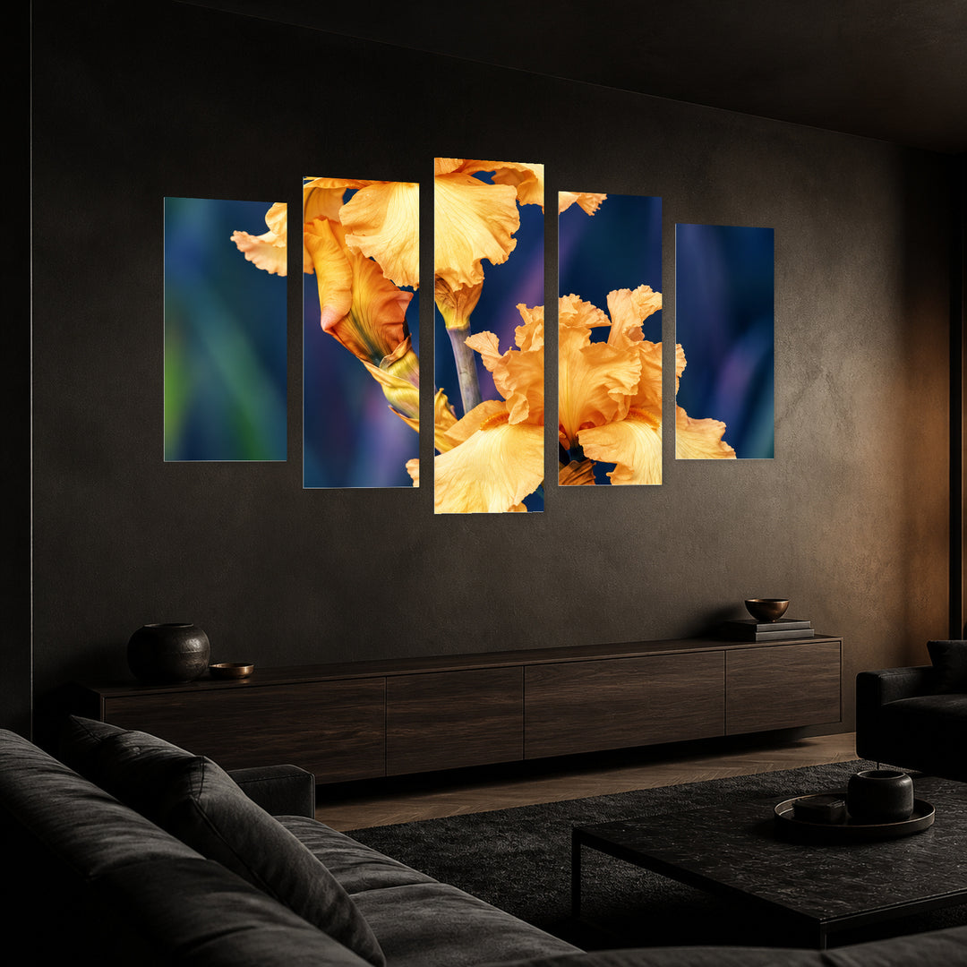 Iris with Geometric Rhythm — five-panel wall art in perspective interior | 5wallart 57749 M2