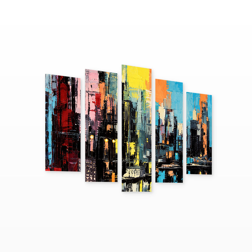 Rainbow over the City with Dreamlike Atmosphere — five-panel wall art on white background in perspective | 5wallart 57750 M1