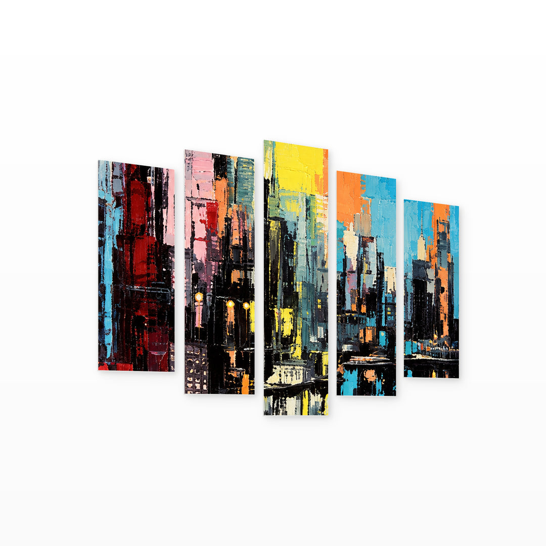 Rainbow over the City with Dreamlike Atmosphere — five-panel wall art on white background in perspective | 5wallart 57750 M1