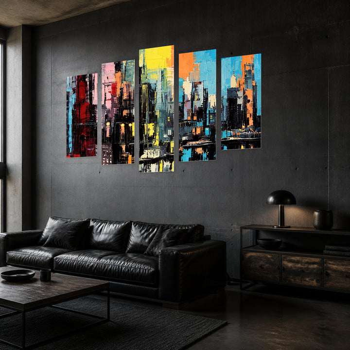 Rainbow over the City with Dreamlike Atmosphere — five-panel wall art in perspective interior | 5wallart 57750 M2
