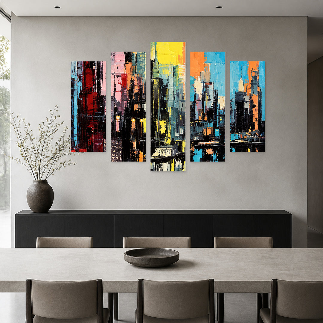 Rainbow over the City with Dreamlike Atmosphere — five-panel wall art in frontal interior | 5wallart 57750 M3