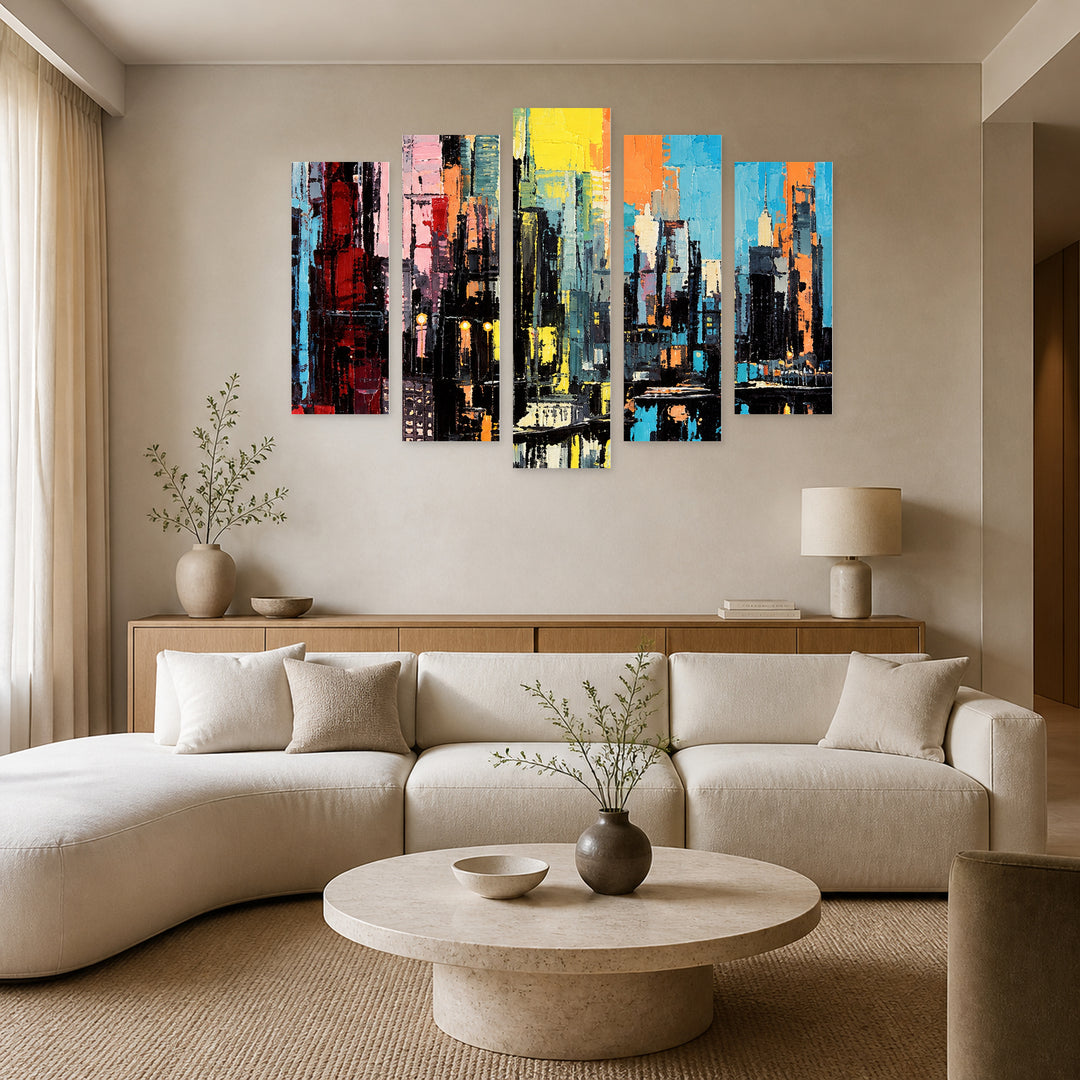 Rainbow over the City with Dreamlike Atmosphere — five-panel wall art in alternate frontal interior | 5wallart 57750 M4