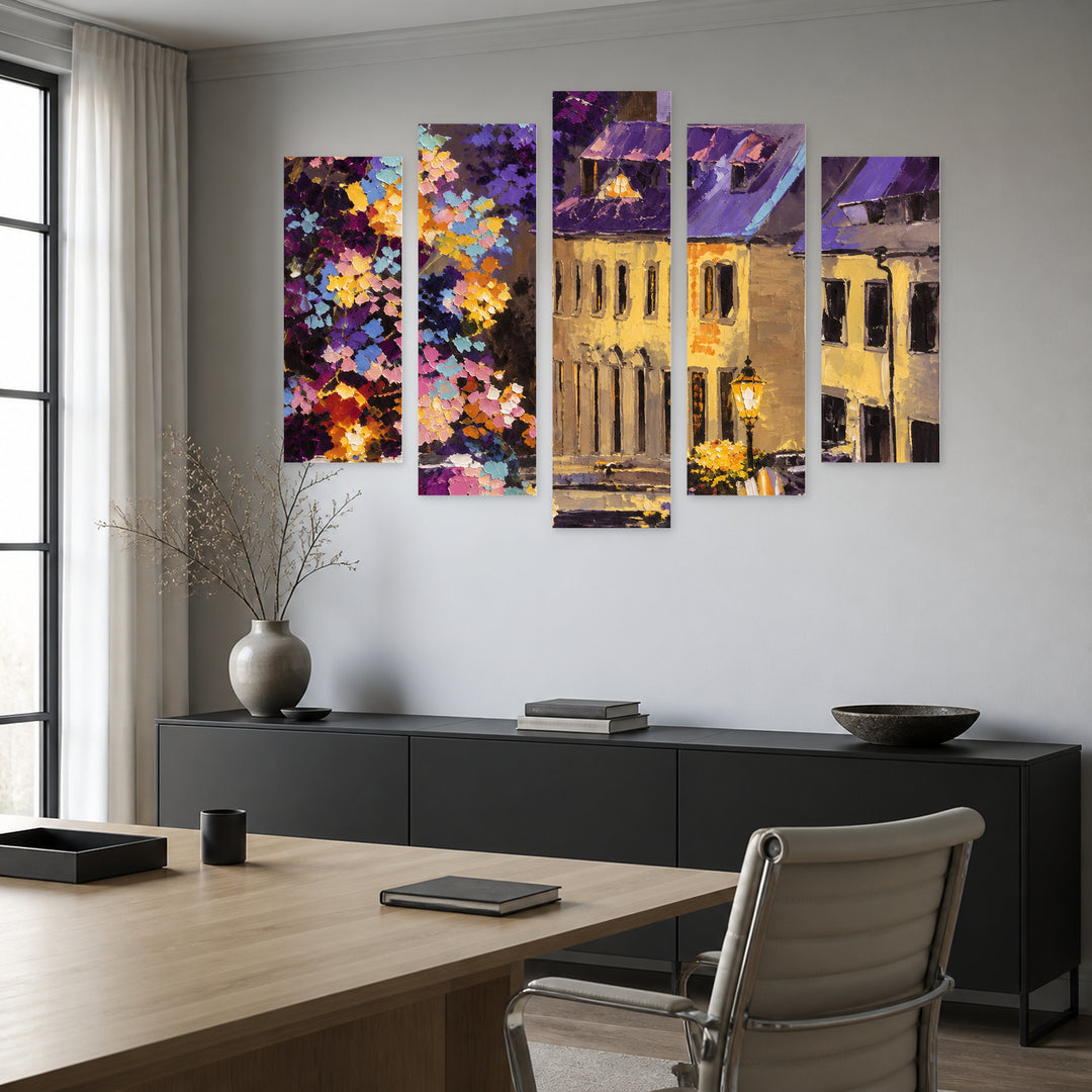Spring Evening with Geometric Rhythm — five-panel wall art in alternate frontal interior | 5wallart 57751 M4