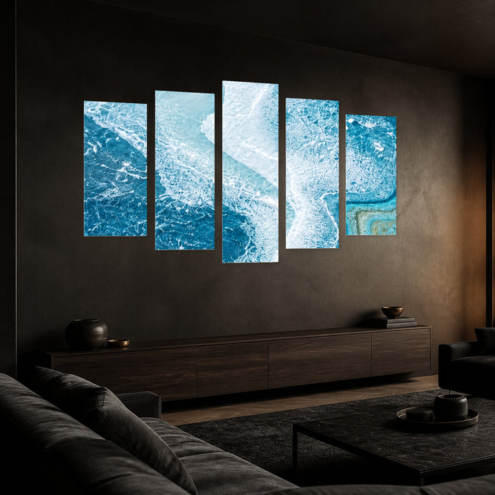 Sea Splashes in Serene Light — five-panel wall art in perspective interior | 5wallart 57753 M2