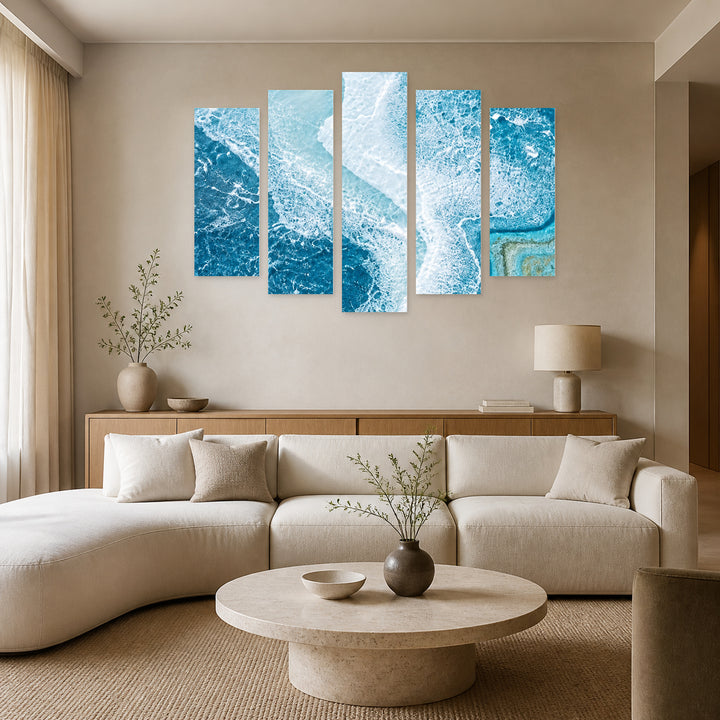Sea Splashes in Serene Light — five-panel wall art in frontal interior | 5wallart 57753 M3
