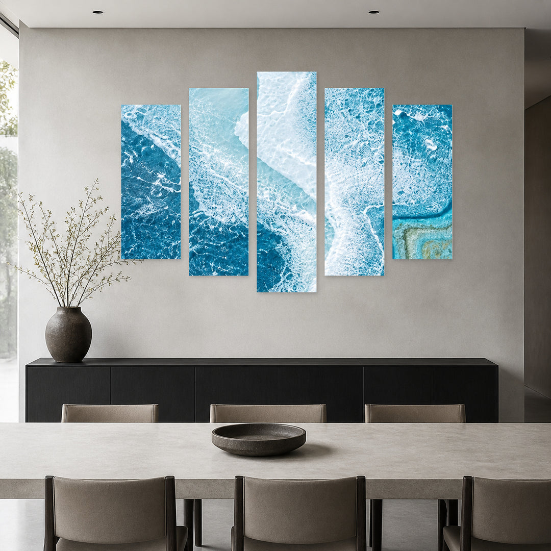 Sea Splashes in Serene Light — five-panel wall art in alternate frontal interior | 5wallart 57753 M4