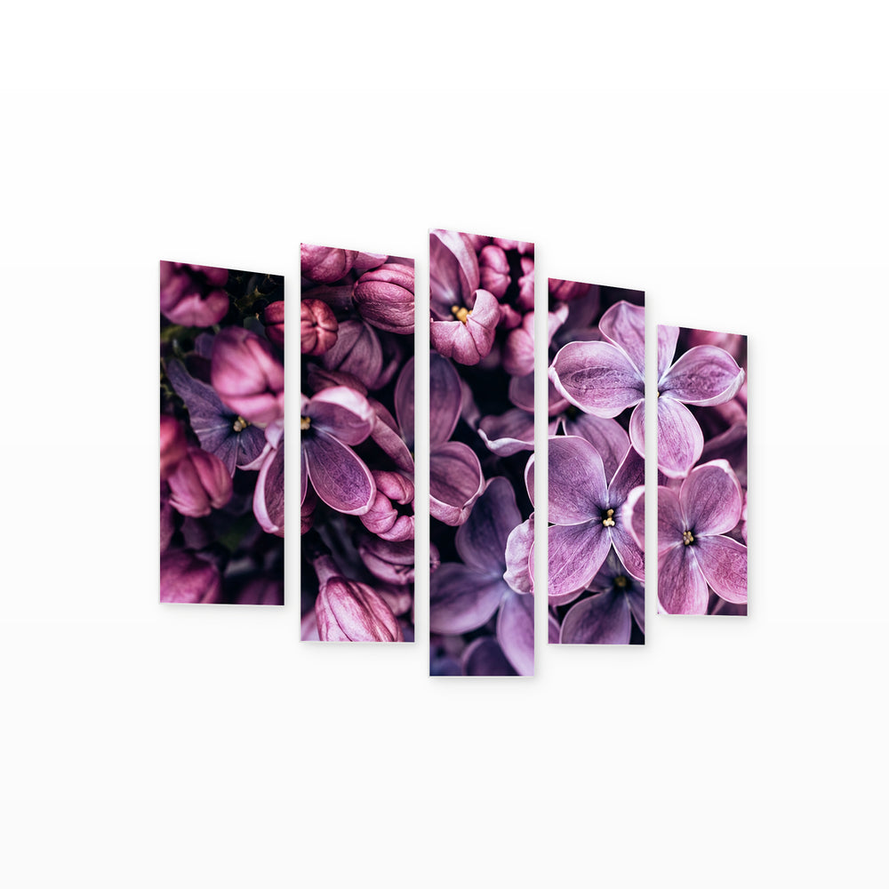 Purple Colors with Geometric Rhythm — five-panel wall art on white background in perspective | 5wallart 57754 M1