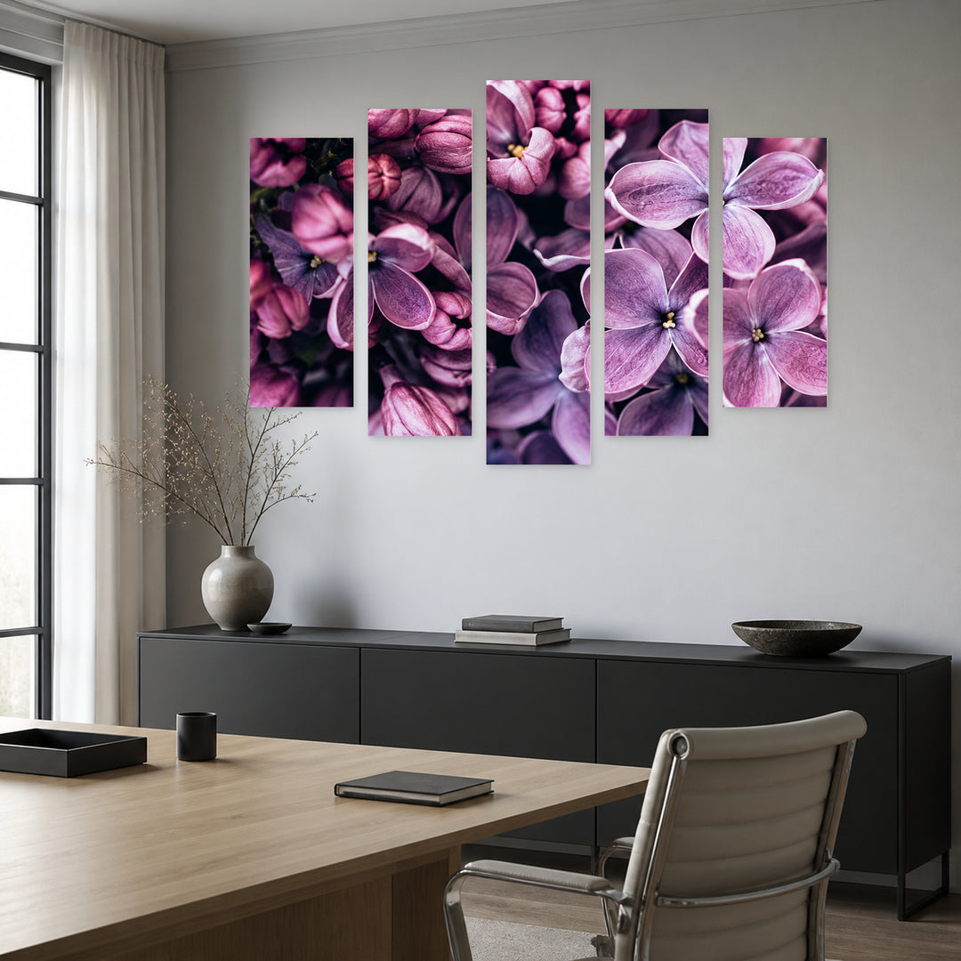 Purple Colors with Geometric Rhythm — five-panel wall art in frontal interior | 5wallart 57754 M3