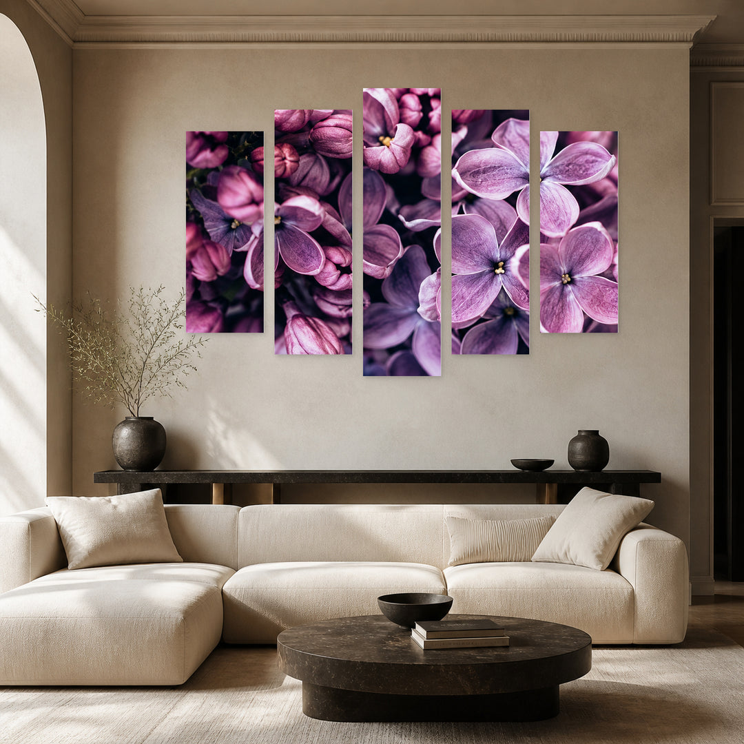 Purple Colors with Geometric Rhythm — five-panel wall art in alternate frontal interior | 5wallart 57754 M4