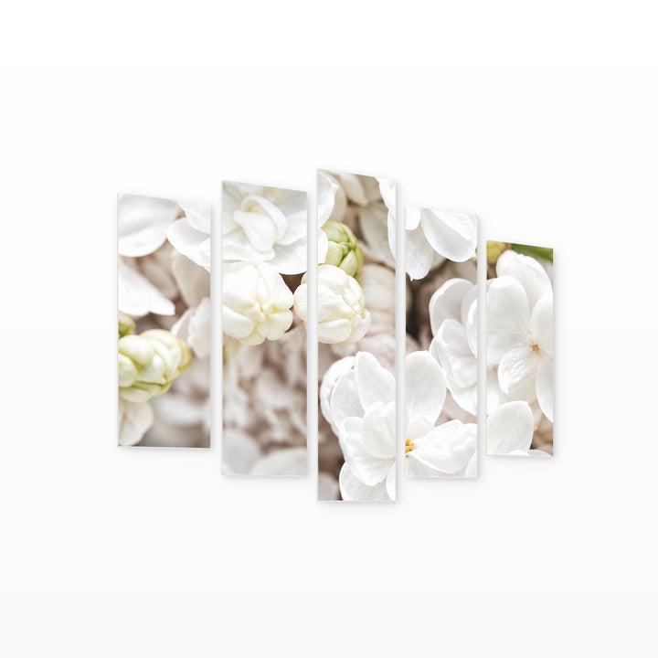 Blooming White Flower in Serene Light — five-panel wall art on white background in perspective | 5wallart 57755 M1