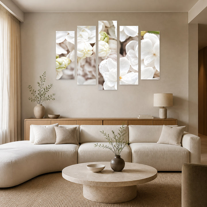 Blooming White Flower in Serene Light — five-panel wall art in frontal interior | 5wallart 57755 M3