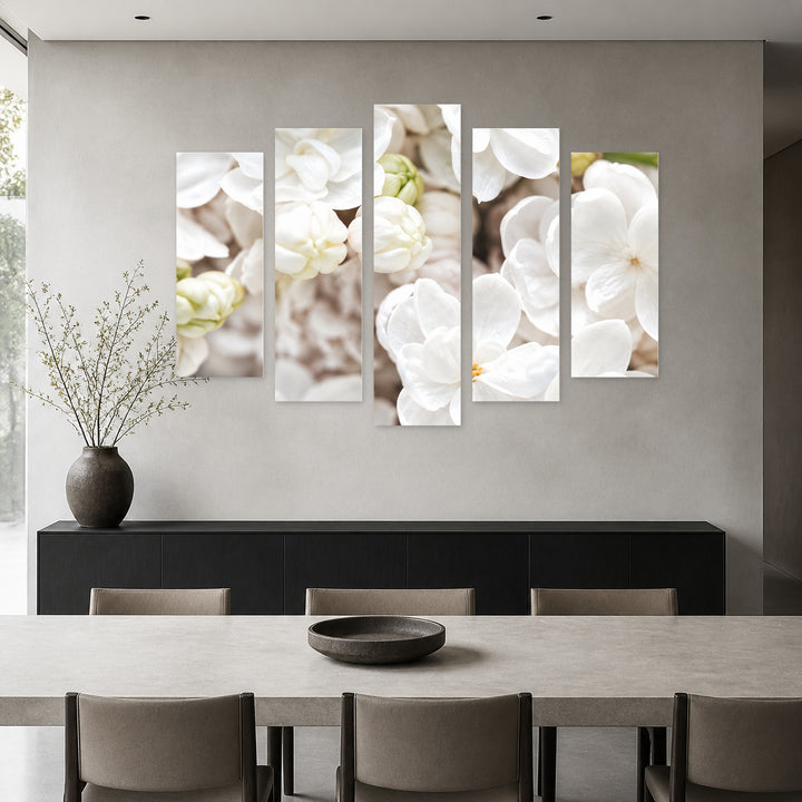 Blooming White Flower in Serene Light — five-panel wall art in alternate frontal interior | 5wallart 57755 M4
