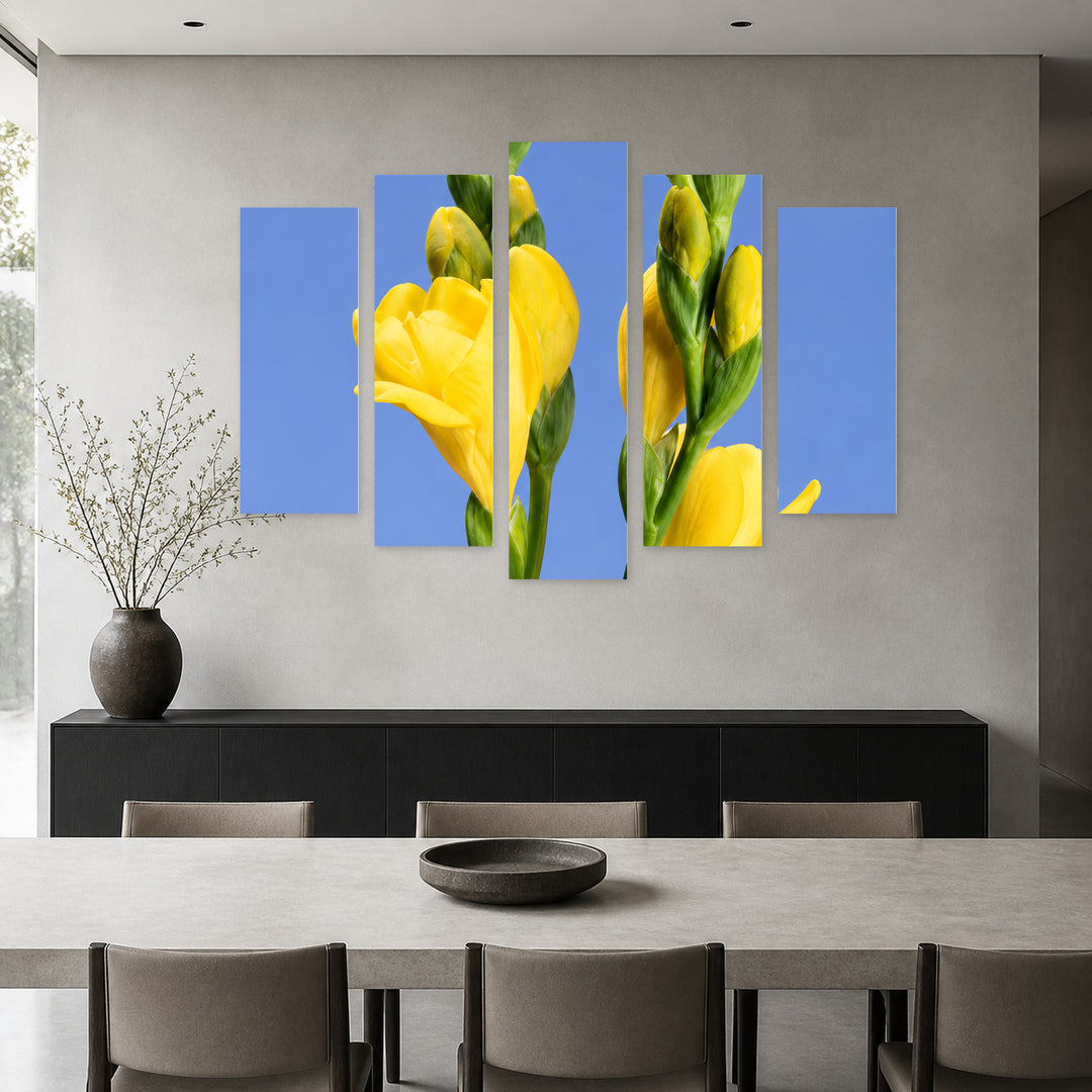 Yellow Freesia with Dramatic Contrast — five-panel wall art in frontal interior | 5wallart 57756 M3