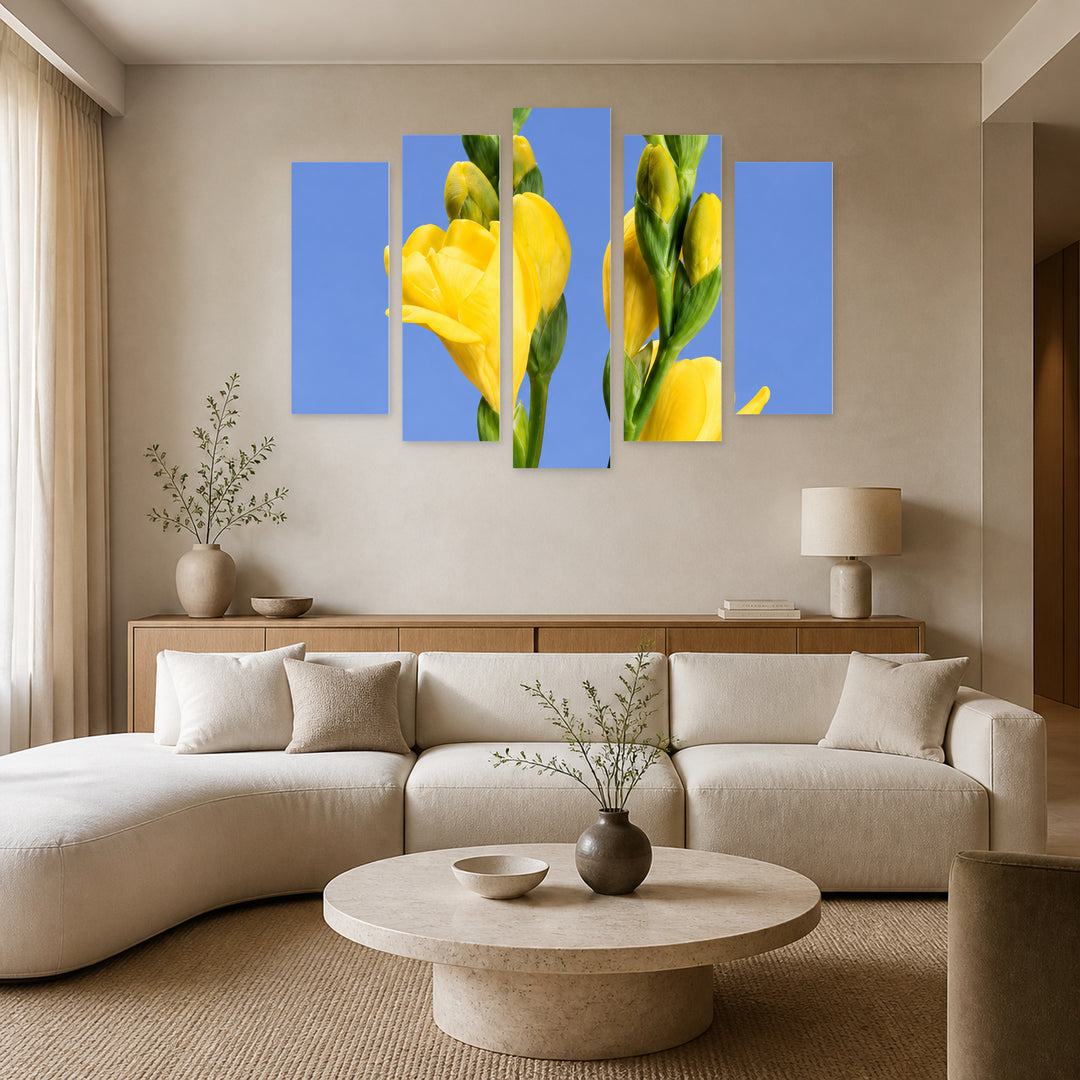 Yellow Freesia with Dramatic Contrast — five-panel wall art in alternate frontal interior | 5wallart 57756 M4