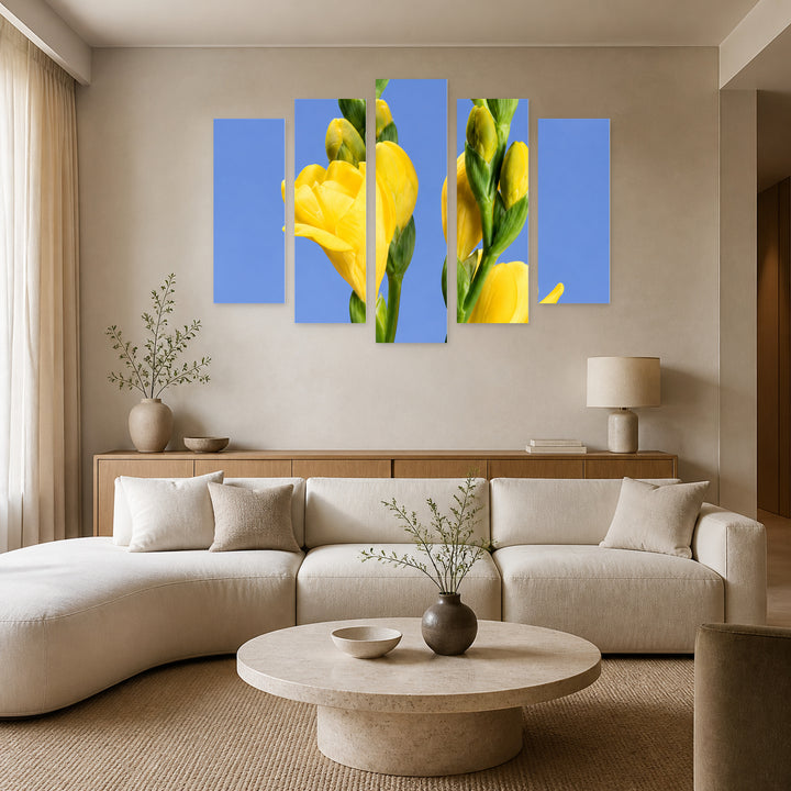 Yellow Freesia with Dramatic Contrast — five-panel wall art in alternate frontal interior | 5wallart 57756 M4
