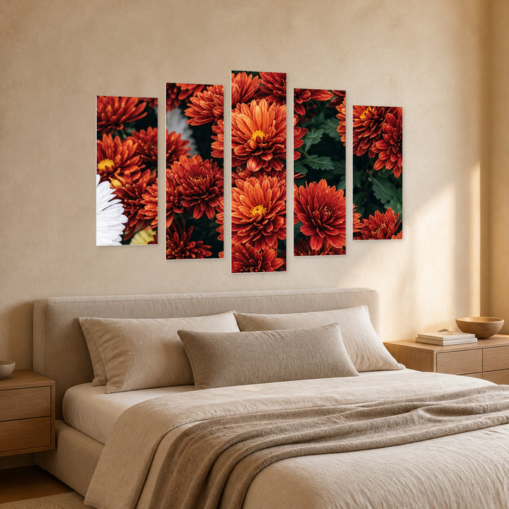 Chrysanthemums in Serene Light — five-panel wall art in perspective interior | 5wallart 57757 M2