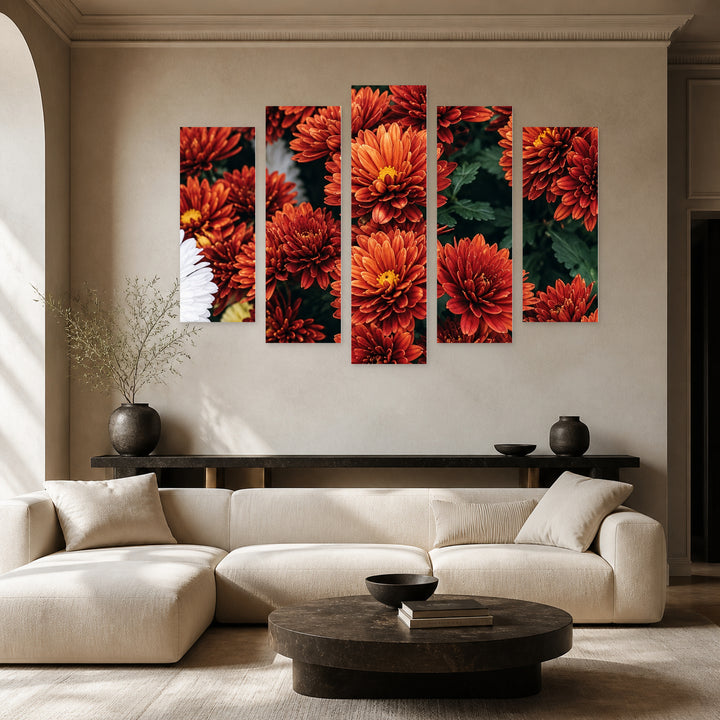 Chrysanthemums in Serene Light — five-panel wall art in frontal interior | 5wallart 57757 M3