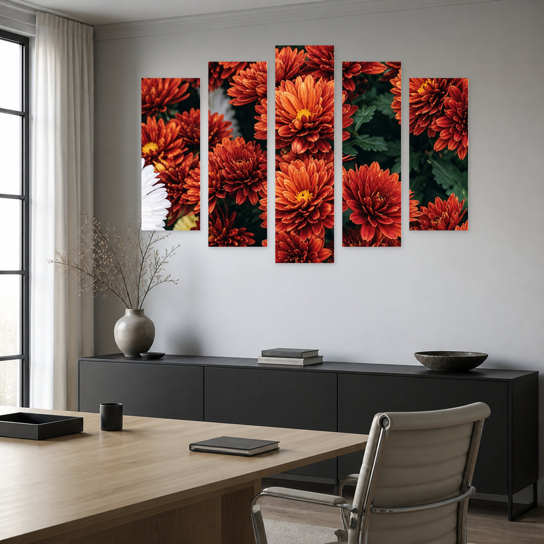 Chrysanthemums in Serene Light — five-panel wall art in alternate frontal interior | 5wallart 57757 M4