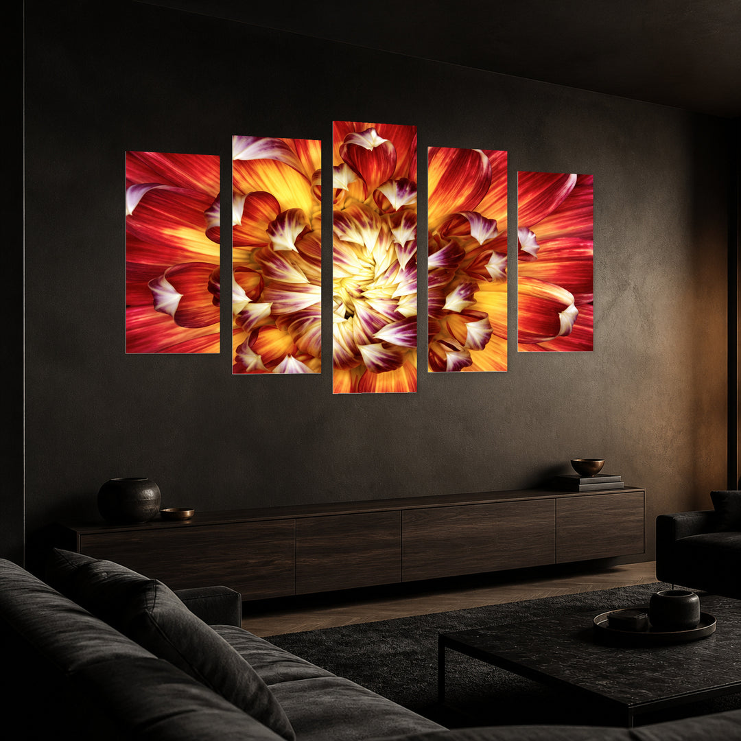 Dahlia in Vivid Colors with Dramatic Contrast — five-panel wall art in perspective interior | 5wallart 57759 M2