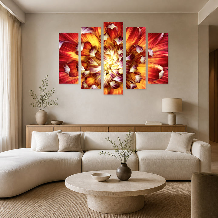 Dahlia in Vivid Colors with Dramatic Contrast — five-panel wall art in frontal interior | 5wallart 57759 M3