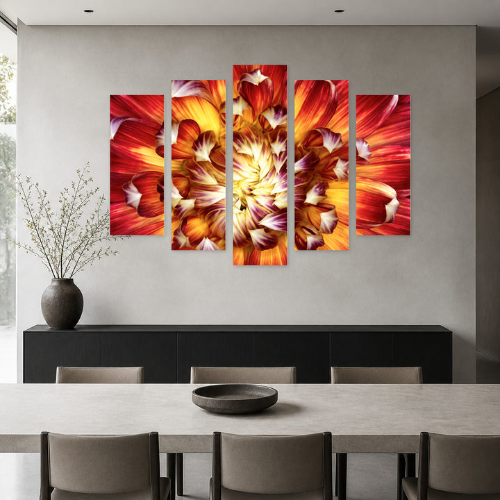 Dahlia in Vivid Colors with Dramatic Contrast — five-panel wall art in alternate frontal interior | 5wallart 57759 M4