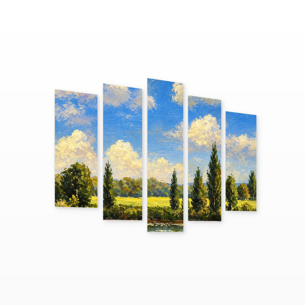 Summer Landscape with Geometric Rhythm — five-panel wall art on white background in perspective | 5wallart 57760 M1