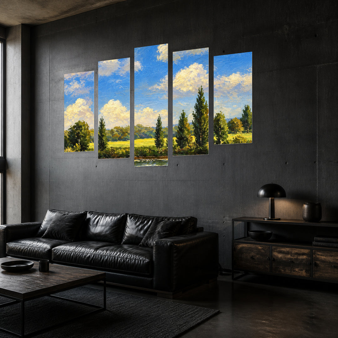 Summer Landscape with Geometric Rhythm — five-panel wall art in perspective interior | 5wallart 57760 M2