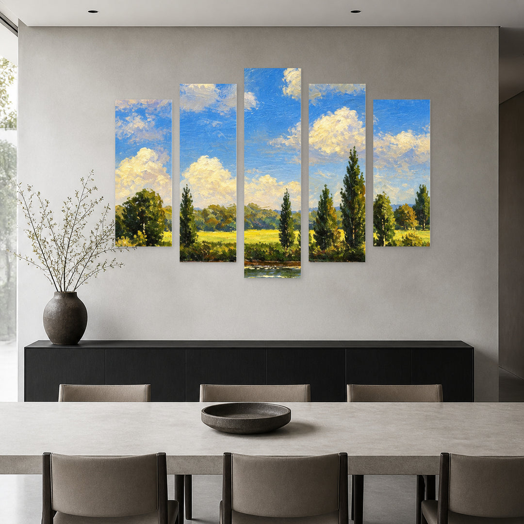 Summer Landscape with Geometric Rhythm — five-panel wall art in frontal interior | 5wallart 57760 M3