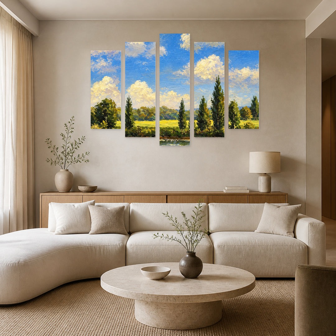 Summer Landscape with Geometric Rhythm — five-panel wall art in alternate frontal interior | 5wallart 57760 M4