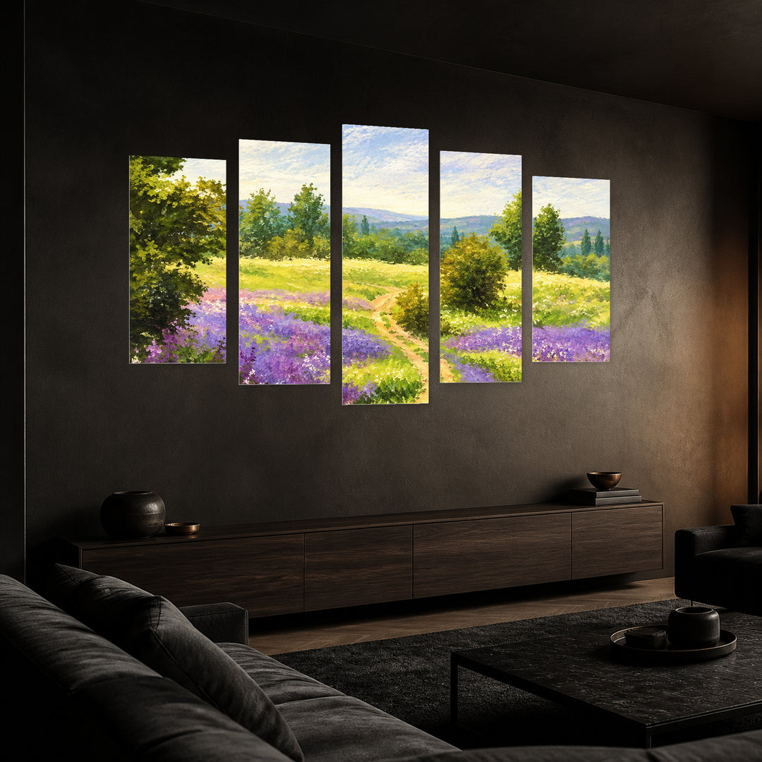 Spring Field in Serene Light — five-panel wall art in perspective interior | 5wallart 57761 M2