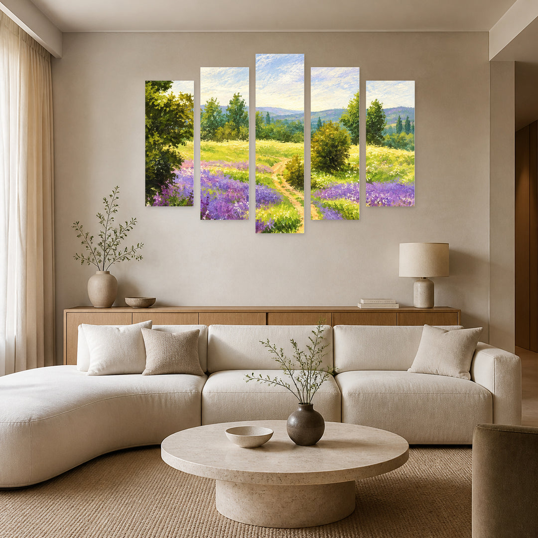Spring Field in Serene Light — five-panel wall art in frontal interior | 5wallart 57761 M3