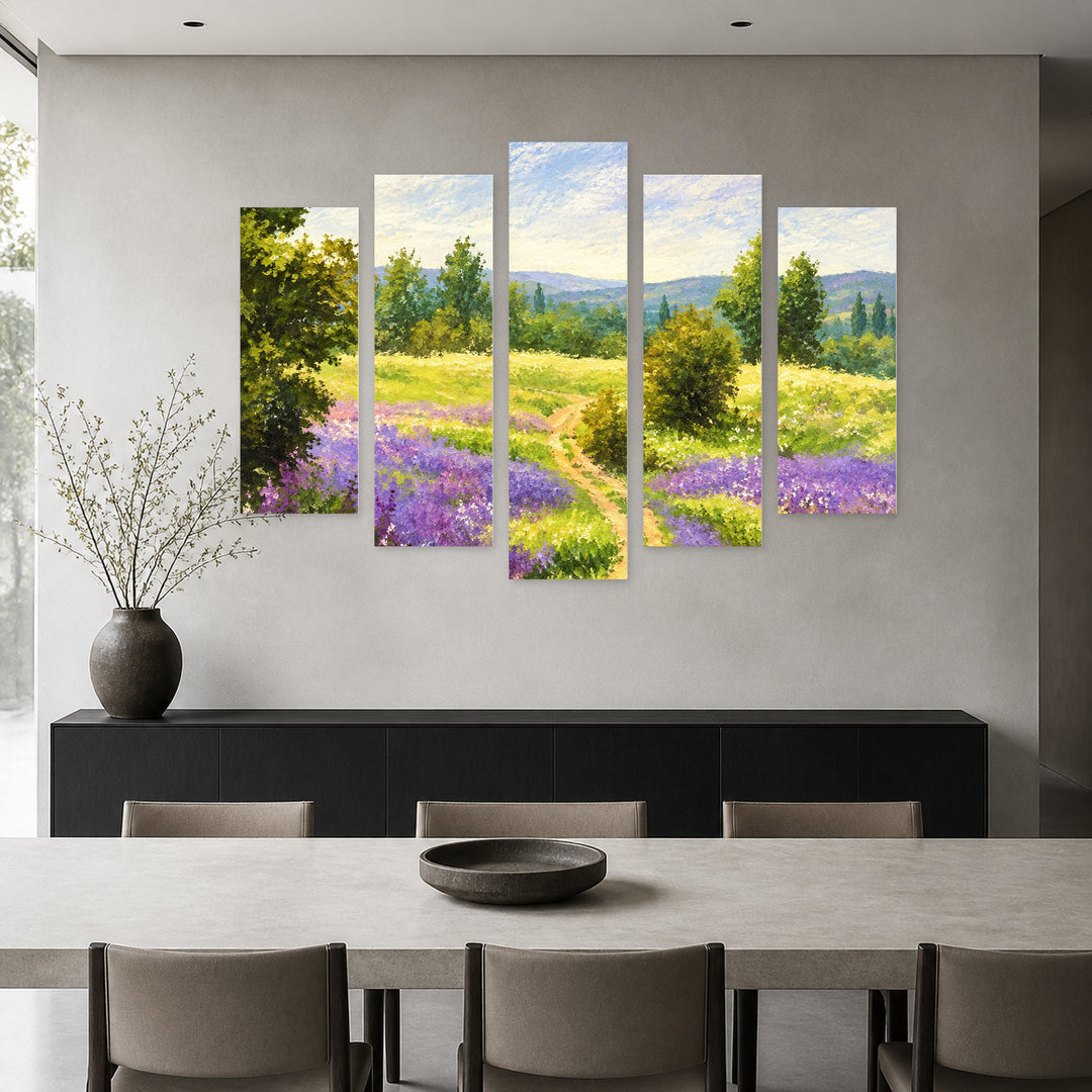 Spring Field in Serene Light — five-panel wall art in alternate frontal interior | 5wallart 57761 M4