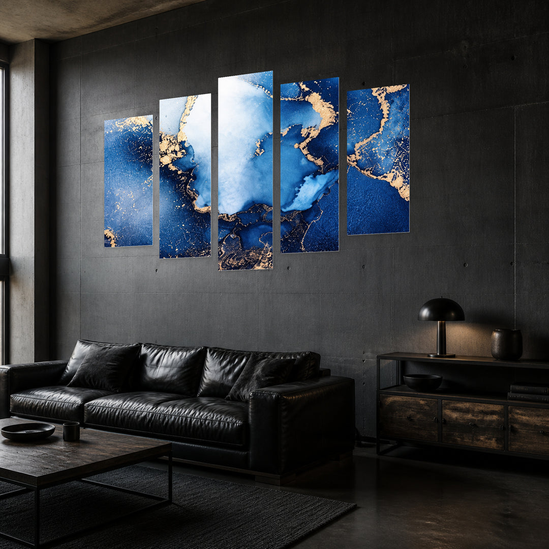 Blue Marble Effect in Serene Light — five-panel wall art in perspective interior | 5wallart 57762 M2