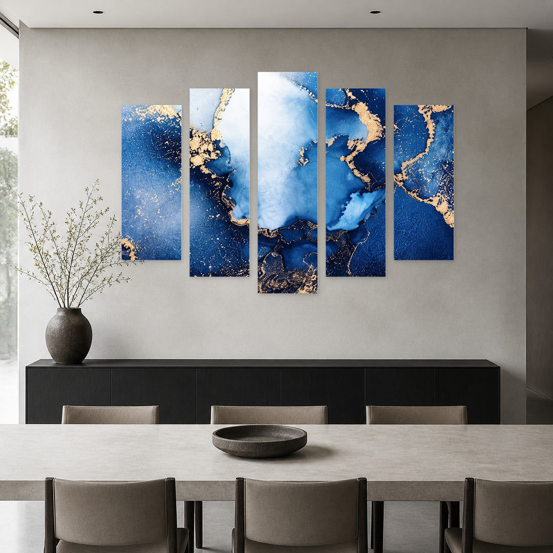 Blue Marble Effect in Serene Light — five-panel wall art in frontal interior | 5wallart 57762 M3
