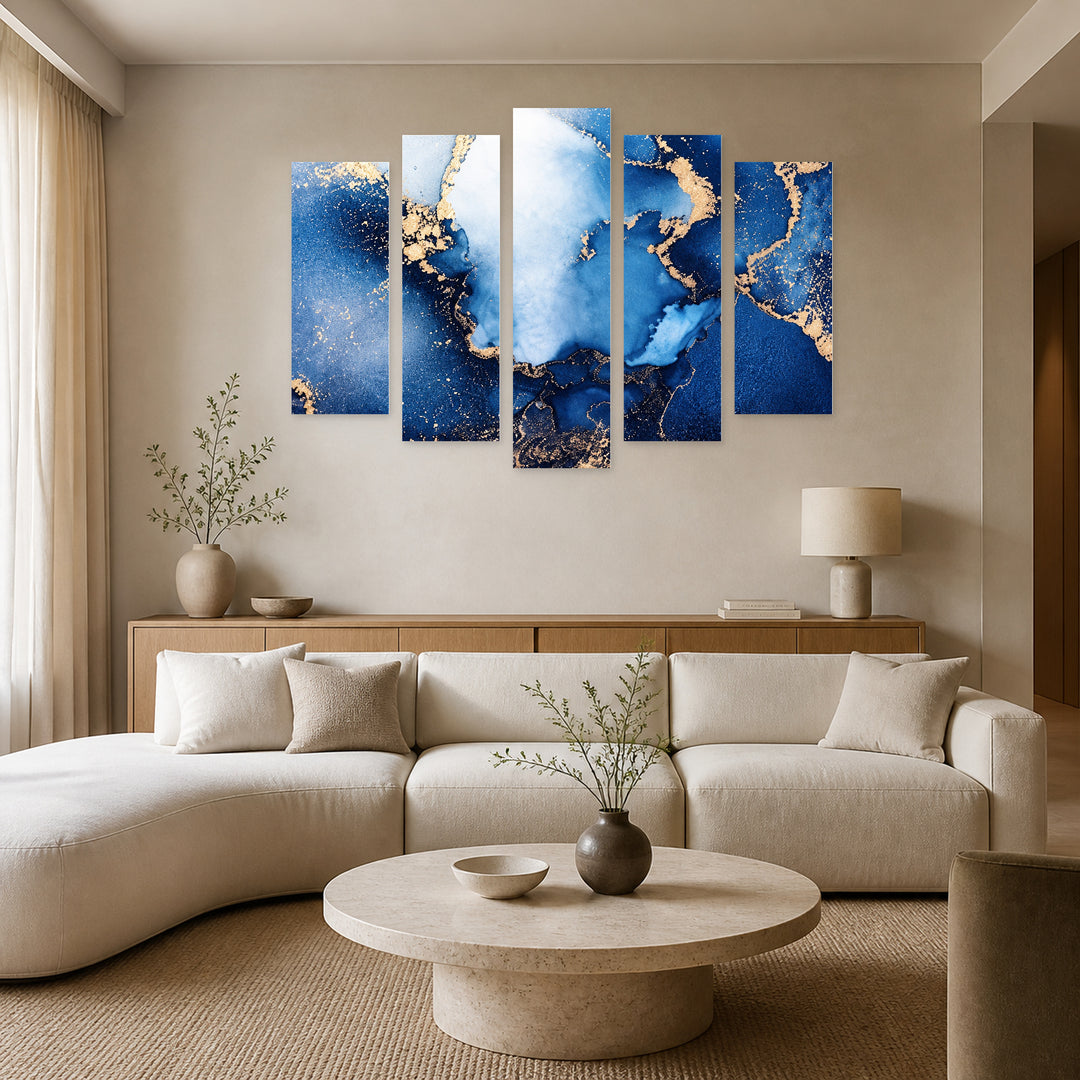 Blue Marble Effect in Serene Light — five-panel wall art in alternate frontal interior | 5wallart 57762 M4
