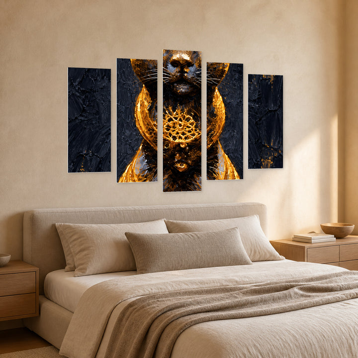 Golden Cat with Dramatic Contrast — five-panel wall art in perspective interior | 5wallart 57763 M2