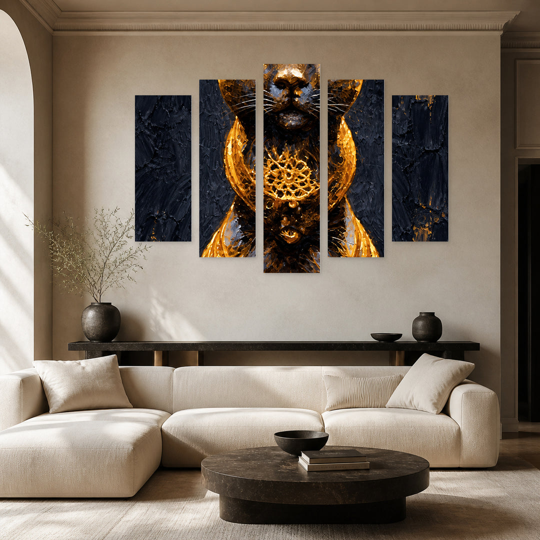 Golden Cat with Dramatic Contrast — five-panel wall art in frontal interior | 5wallart 57763 M3