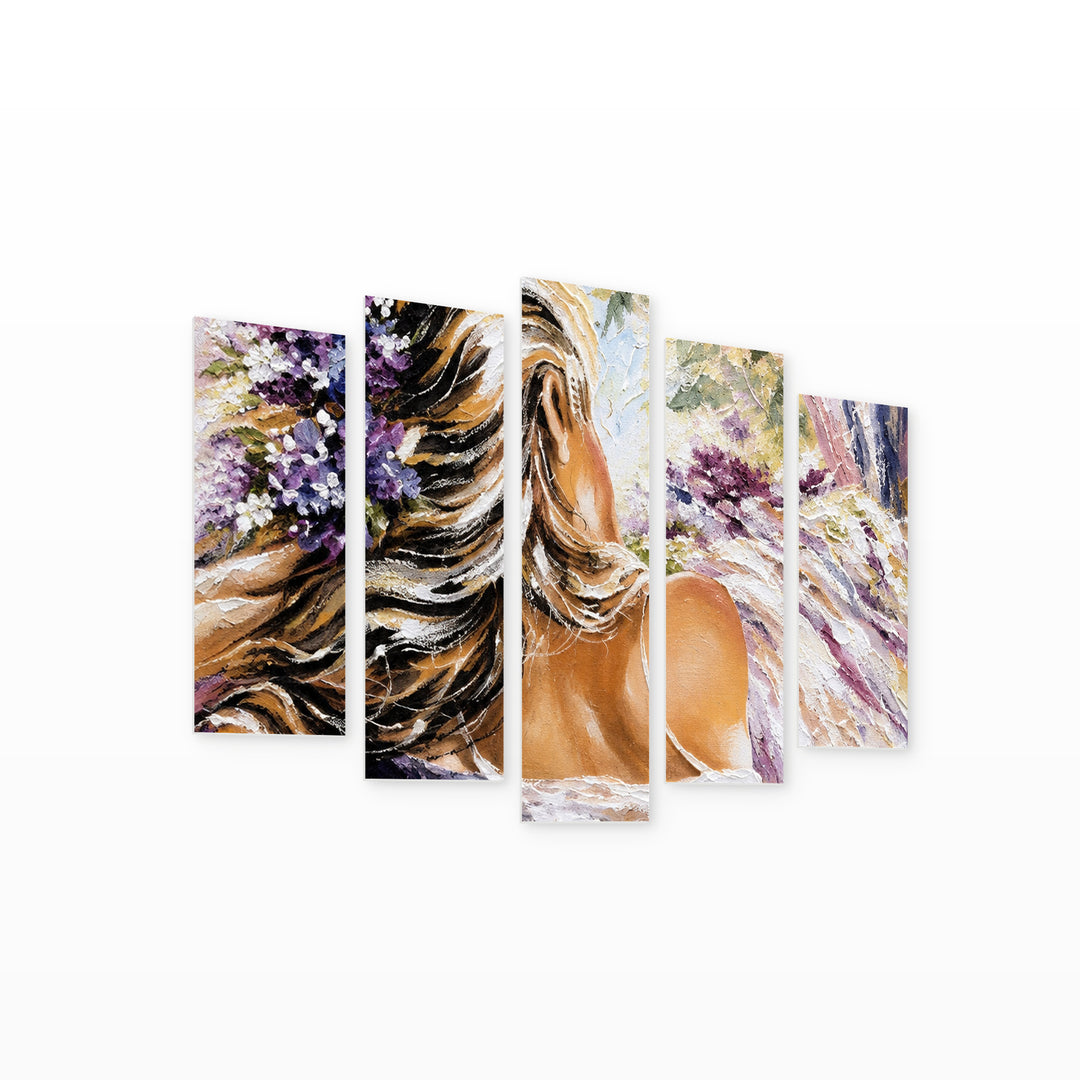 Girl with Flowers in Her Hair Botanical Study — five-panel wall art on white background in perspective | 5wallart 57764 M1